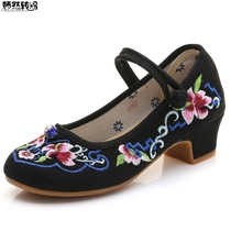 Sapatos femininos vintage, salto quadrado bordado de lona floral, calçados étnicos para mulheres mary jane estilo misto 2024 - compre barato