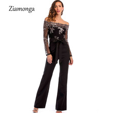 Ziamonga Sexy Elegant Off Shoulder Sequined Mesh Jumpsuit Women Sheer Long Sleeve Fitted Romper Wide Leg Pants Macacao Feminino 2024 - buy cheap