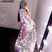 Latest Fashion Women Colorful Sequins Long Coat Sequined Cloak Punk Style Female Singer HIP HOP Stage Costume Bar DJ DS Overcoat 2024 - buy cheap