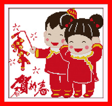 Happy new year(2) cross stitch kits Chinese baby Aida count 18ct 14ct 11ct printed embroidery DIY handmade needlework supply 2024 - buy cheap