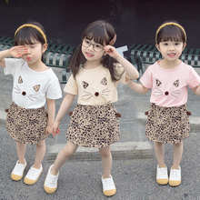 Conjunto de roupas de verão para bebês, 2021, novo, estampa de desenho animado, camiseta curta + calças com estampa de leopardo, 2 peças, 1-5 anos, roupas para crianças para meninas 2024 - compre barato