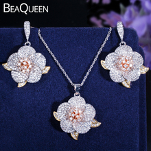 BeaQueen Elegant Big Leaf Flower Drop Earrings Pendant Necklace Cubic Zirconia Micro Pave Engagement Jewelry Set for Women JS185 2024 - buy cheap