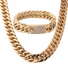 15mm Gold Clear Stone 316L Stainless Steel Buckle Miami Curb Cuban Link Chain Bracelet&Necklace Men's Jewelry Set 18-32" Length 2024 - buy cheap