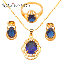 Conjunto de joias elegantes com zircão azul, joias da moda com tom de ouro amarelo, joias de cristal, conjuntos de brincos, colar, anel #7 #8 #9 js470 2024 - compre barato