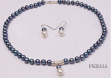 Conjunto de joias femininas 8-9mm, pérola azul e preta, gargantilha colar brinco pendurado, pérola de água doce natural 2024 - compre barato