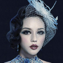 Bridal hair accessories white hat feather bow head flower big mesh veil little hat hairpin headdress 2024 - buy cheap