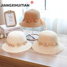 New sun Pearls straw hat boater hat girls bow summer Hats For Women Beach panama straw hat chapeau femme 48-52-54-58cm 2024 - buy cheap