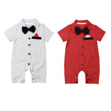 Newborn Baby Boys Formal Clothing Wedding Party Bow Romper Short Sleeve Striped Turn-down Collar Jumpsuit Outfits Clothes Set 2024 - buy cheap