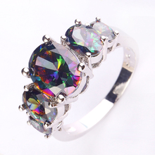Lingmei Crystal Oval Cut Jewelry Rainbow CZ Plated Silver Ring Size 6 7 8 9 10 Wholesale For Party 2024 - buy cheap