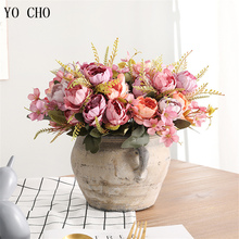 Flores artificiales de seda para decoración del hogar, ramo de peonías de 5 cabezas, rosas de YO CHO, rojo, rosa, azul, falso, para boda 2024 - compra barato