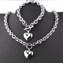 Silver Color Bracelet(8")&Necklace(18") Jewelry Sets 8mm Wide O Link Chain Women's Girl's Stainless Steel Solid Heart Jewelry 2024 - buy cheap