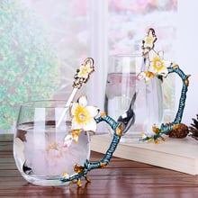 Copo de vidro retro flor decorada esmalte xícara de café xícara de chá flor copos de leite de vidro liga handgrip copos com colher caixa de presente 2024 - compre barato