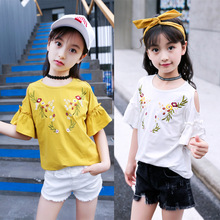 Summer Dress Girl Trumpet Sleeve Short Sleeve Loose Korean Half Sleeve Embroidery Flower Strapless T-shirt 2024 - buy cheap