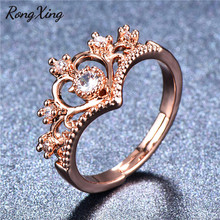 RongXing Coração Retro Rainha Da Coroa Anéis Ajustáveis Para As Mulheres Rose Gold Filled Branco Anel de Cristal de Zircão Jóias De Luxo Feminino 2024 - compre barato