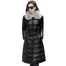 Jaqueta longa de inverno com capuz feminina, casaco ultrafino com gola de pele e couro para mulheres, 208 2024 - compre barato