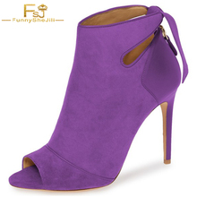 Fsj verão laides botas da moda, sapatos de camurça violeta fora do dedo cortado laço stiletto salto tornozelo feminino tamanhos 4-16 2024 - compre barato
