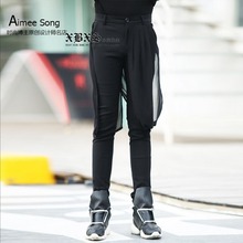 Men Stitching Casual Pants Hairstylist Black Harem Pants New Net Yarn New Fashion Slim Tide Skirts Singer Stage Costumes Korean 2024 - buy cheap