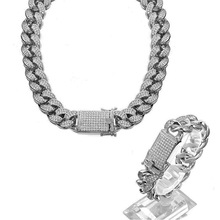 18mm Hip Hop Stainless Steel Iced Out Fully CZ Mens Silver Plated Miami Cuban Link Chain Necklace Bracelet Male Jewelry set 2024 - buy cheap