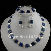 Stunning!jewelry set AA 5-18mm blue lapis& white Genuine freshwater pearl necklace bracelet earring Hot sale free shipping A2410 2024 - buy cheap