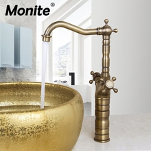 Monite Antique Brass Solid Brass Deck Mounted 2 Handle Bathroom Sink Mixer Faucet Counter Top Hot and Cold Water Mixer Taps 2024 - buy cheap