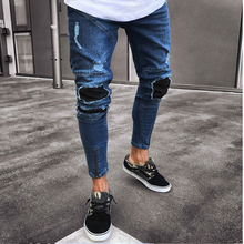 Мужские синие джинсы, зауженные рваные джинсы с дырками, модные обтягивающие джинсы-карандаш в стиле хип-хоп для мужчин, Стрейчевые джинсы в стиле пэчворк для мужчин 2024 - купить недорого