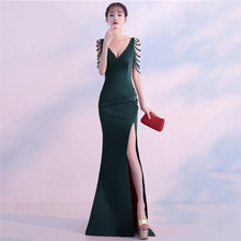 Corzzet Mermaid Dress Orom Gowns Formal Party Dress Vestido De Festa Elegant Green Cotton Beading Sleeve Slit Dress 2024 - buy cheap