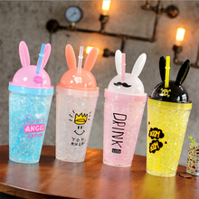 Creative Cartoon Plastic Water Bottle Fashion Cute Bunny Ears Straws Ice Bottle Summer Cold Drink Coffee Student Gift Drinkware 2024 - buy cheap