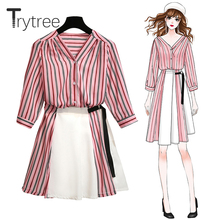 Trytree-Conjunto de dos piezas formado por blusa y falda, traje informal a rayas, con cuello en V, con botonadura y falda, para verano, 2 piezas 2024 - compra barato