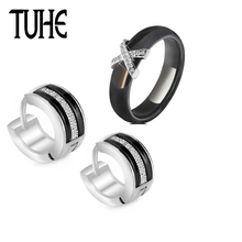 Conjunto de joyería de moda para mujer, anillo de Cerámica de cristal X 6MM y pendientes redondos en forma de U para mujer, joyería de boda de Color blanco y negro 2024 - compra barato