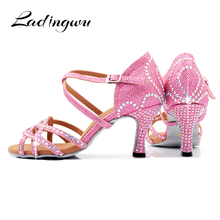Ladingwu Pink Glitter Dance Shoes Latin Woman Crown Pattern Rhinestone Design Ballroom Dance Shoes Girls Profession Salsa Shoes 2024 - buy cheap