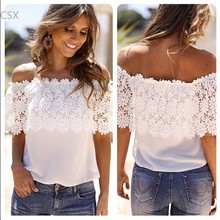 Blusas Summer Style Womens Chiffon Blouse Sexy Women Lace Patchwork Casual Off Shoulder Shirts Slash Neck Tops Multi Size 63# 2024 - buy cheap