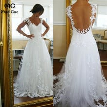 Illusion Back 2018 A-Line Sheer Lace Wedding Dresses Appliques Robe de mariage Short Sleeve vestido de noiva Bridal Gowns 2024 - buy cheap