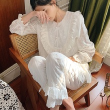 Spring Sweet White Lace Cotton Women's Embroidery Pajamas Sets Soft Vintage Princess Sleepwear Suits Autumn Pyjamas Plus Size 2024 - buy cheap