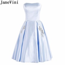 JaneVini 2019 New Short Bridesmaid Dresses Junior Maid Of Honor Dress With Pockets Crystal Knee Length Prom Party Formal Gowns 2024 - buy cheap