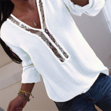5xl Plus Size Sexy Loose Blouse Women Shirts Sequins Stitching Tops Long Sleeve Elegant V-Neck Casual Blouses 2024 - buy cheap