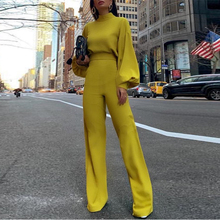 Women Elegant Fashion Slim Fit Yellow Wide Leg Casual Overalls Office Look Work Lantern Sleeve Mock Neck Jumpsuits 2024 - buy cheap