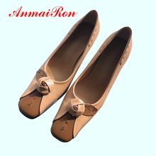 AnmaiRon   Genuine Leather  Med  Thin Heels  Pumps Women Shoes  Square Toe  Casual  Slip-On  Women Heels Size 33-40 LY1492 2024 - compra barato