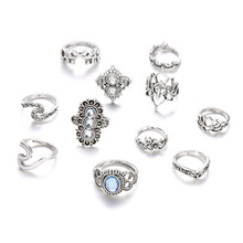 Anillo de nudillos geométricos creativos para mujer, con flor tallada y diamantes de imitación incrustados, diseño de ópalo falso, anillos femeninos 2024 - compra barato