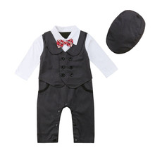 Newborn Baby Boys Romper Autumn Long Sleeve Bow Gentleman Wedding Formal Rompers Jumpsuit Boy Clothing with Hat Outfit 2PCS 2024 - buy cheap