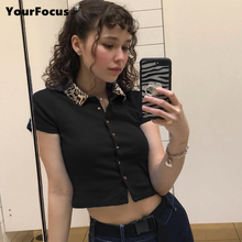 Retro vintage leopard lapel sexy crop tops button cardigan short cropped women tshirt 2024 - buy cheap