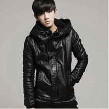 2016 Male with a hood motorcycle leather clothing plus velvet slim leather jacket short jacket men's clothing singer costumes 2024 - buy cheap