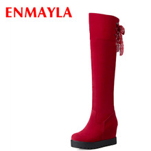 Enmayla botas femininas de salto alto, com amarração em cunha, sapatos plataforma femininos, tamanho grande 34-43, preto e vermelho 2024 - compre barato