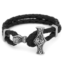 Nordic Viking Men Stainless Steel Leather Bracelet mjolnir Hammer Bangle with valknut gift bag 2024 - buy cheap