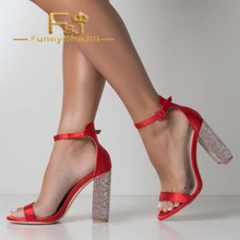 Cetim vermelho dedo do pé aberto strass chunky saltos tornozelo cinta sandálias aniversário incomparável generoso atraente moda fsj sexy 2024 - compre barato
