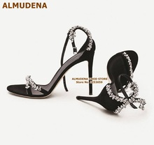 ALMUDENA-Sandalias de tacón alto con cristales ostentosos para mujer, zapatos de boda con diamantes de imitación brillantes, negro y plata de ante, con hebilla y correa 2024 - compra barato