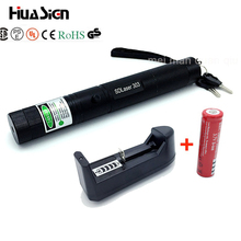 Alta qualidade poderosa caneta laser verde liga de alumínio 303 lazer ponteiro apresentador com chave segura + 18650 bateria 18650 carregador 2024 - compre barato