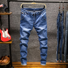 Джинсы мужские узкие на шнурке, облегающие джоггеры из денима, эластичные джинсовые брюки-карандаш, синие модные повседневные 2024 - купить недорого