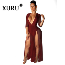 Xuru-novo vestido feminino sexy, tecido com decote em v, meia manga, com perna aberta 2024 - compre barato