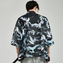 Kimono de grulla para hombre, camisetas con estampado Haori, Rebeca de color rojo Coronado, Kimono japonés bohemio, FF2112 Yukata, 2019 2024 - compra barato