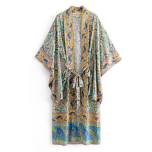 2019  Women Bohemian V neck Pteris Flower Print Kimono Shirt Holiday Beach Bow tie Sashes Maxi Long Cardigan Blouse 2024 - buy cheap